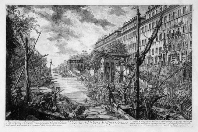 Piranesi, Giovanni Battista: Veduta del Porto di : Veduta del Porto di Ripa Grande. Radierung. 40,6 x 61,8 cm. 1753. Hind 27 III (von VI). Wz. Fleur-de-lis im Doppelkreis. Mit Adresse und Preis. Ausgezeichneter Druck mit Rand. Geglättete Mittelfa