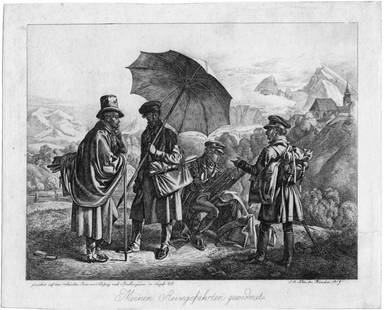 Klein, Johann Adam: Die Maler auf der Reise: Die Maler auf der Reise: Friedrich und Heinrich Reinhold, Johann Christoph Erhard und F. Welker ("Meinen Reisegefährten gewidmet"). Radierung. 24,5 x 30,6 cm. 1819. Jahn 234 II. Wie in