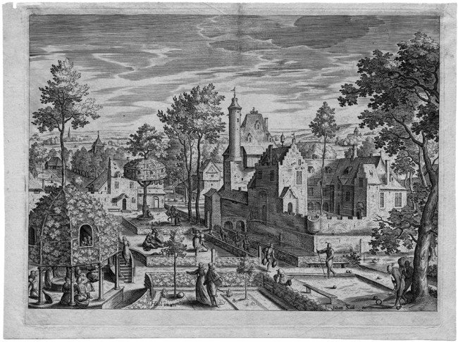Bol, Hans - nach: Schloss mit Edelleuten in einem: nach. Schloss mit Edelleuten in einem Park. Kupferstich. 20,8 x 27,2 cm. Johan Sad(eler) ex(cudit). Hollstein 21, 575; TIB 70.4 (Johan Sadeler I, Supp.) .032. Wz. Armbrust. Prachtvoller Druck mit Rand