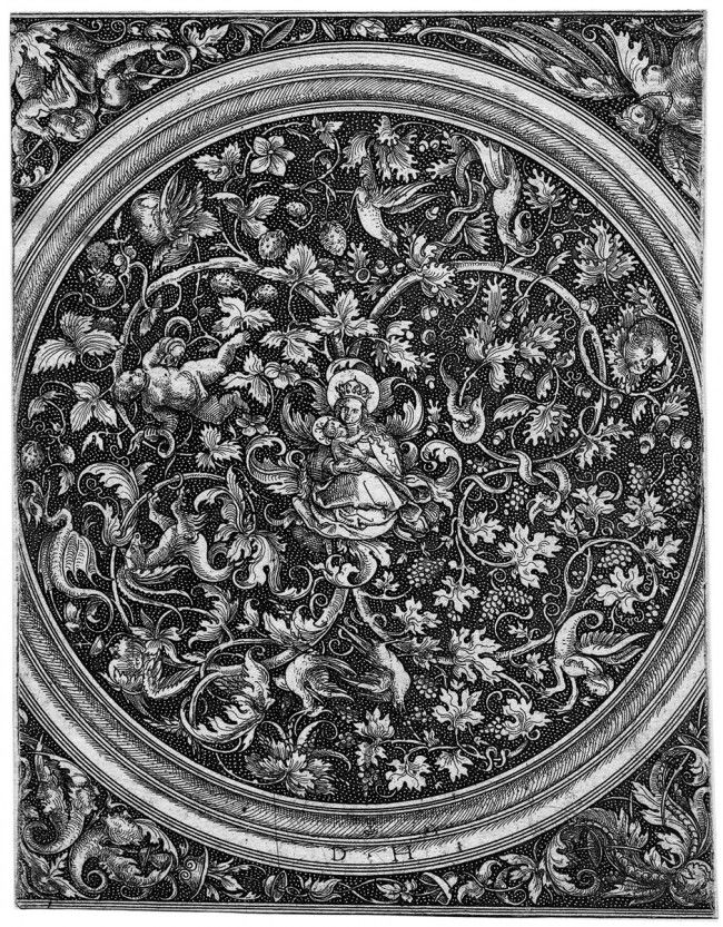 Hopfer, Daniel: Madonna mit Kind in einem Ornamen: Madonna mit Kind in einem Ornamentkreis. Eisenradierung. 17,8 x 13,8 cm. B. 37, Hollstein 40 II. Ganz ausgezeichneter, wenngleich in den Rändern minimal auslassender Druck, an den Seiten mit der