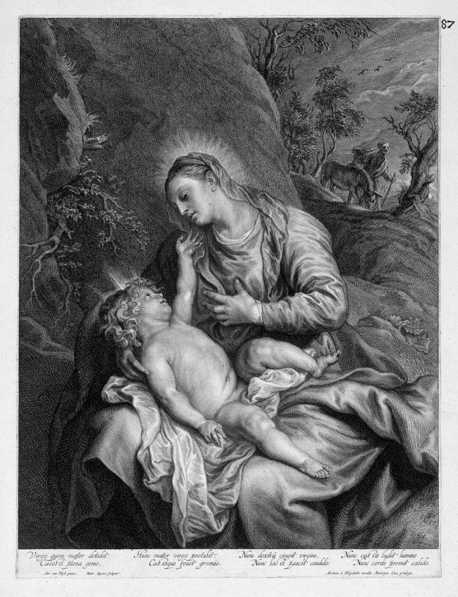 Snyers, Hendrick: Maria mit dem Kind auf der Fluc: Maria mit dem Kind auf der Flucht nach Ägypten. Kupferstich, nach Anthonie van Dyck. 43,3 x 32,9 cm. Hollstein 3 II (von III). Vor der Adresse "Michiel Cabbaeij". Ausgezeichneter und gl