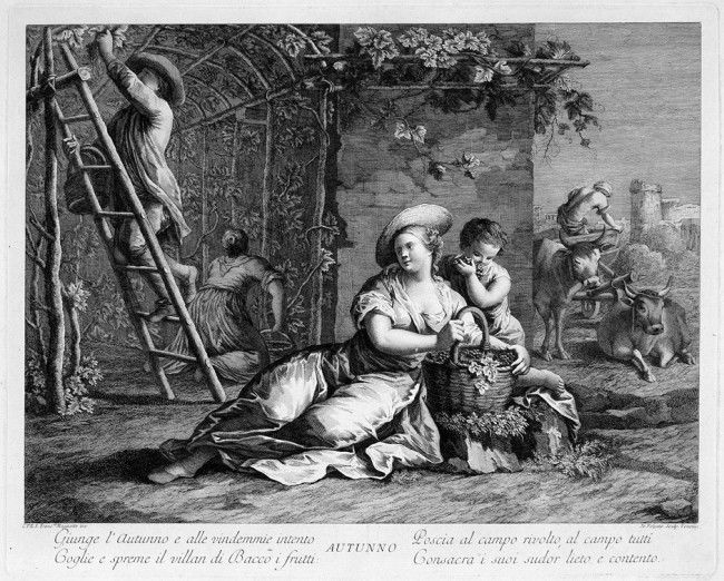 Volpato, Giovanni: Primavera; Autunno: Primavera; Autunno. 2 Radierungen nach Francesco Maggiotto. 37,8 x 47,7 cm. Um 1770. Nicht bei LeBlanc. Prachtvolle, leuchtende und kräftige Drucke mit Rand aus der vier Blatt umfassenden Folge &