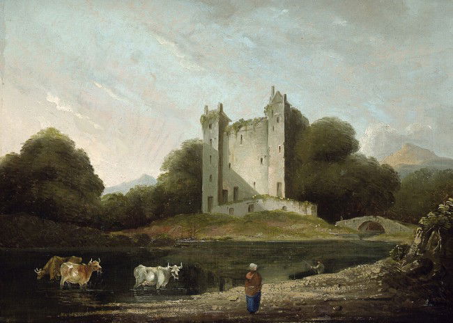 Irisch, 19. Jh.: Ross Castle bei Killarney: 19. Jh. Ross Castle am Lugh Learne bei Killarney. Öl auf Holz. 36 x 50,5 cm. Verso mit zwei alten Klebeetiketten mit undeutlicher, verblasster Beschriftung in brauner Feder. Um 1840.