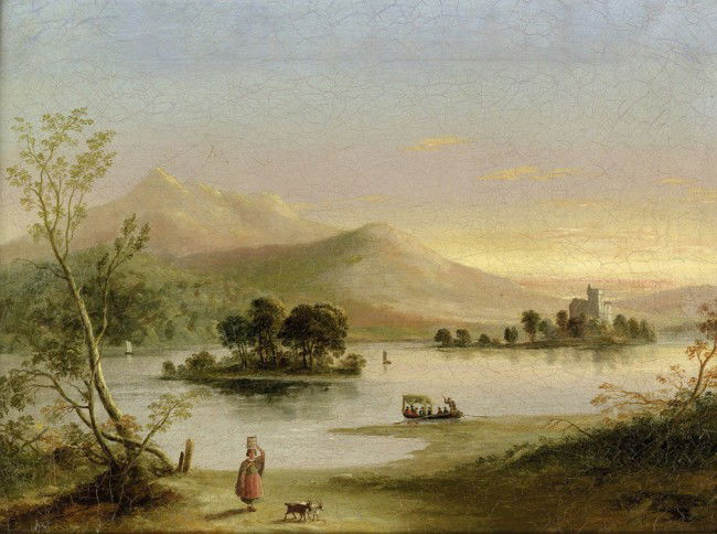 Watson, Samuel: Abendstimmung bei Ross Castle: Abendstimmung am Lough Leane (Lower Lake of Killarney) mit Blick auf Ross Castle. Öl auf Leinwand. 29,8 x 39,8 cm. Verso auf der Leinwand betitelt "Ross Castle, Lower Lake of Killarney"