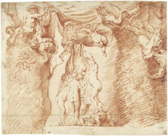 Jordaens, Jacob - zugeschrieben: Die Huldigung de: zugeschrieben. Die Huldigung der Ceres. Rötel. 25 x 31 cm. Am Unterrand bez. "Jordaens fecit" sowie verso in schwarzer Feder bez. "J. Jordaens Antwerpen 1670". Beigegeben zwei