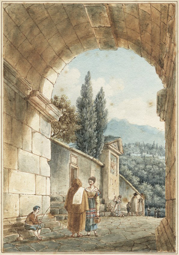 Nicolle, Victor Jean : Der Drususbogen mit Blick : Der Drususbogen in Rom mit Blick auf die Albaner Berge. Aquarell und Feder in Braun. 17,8 x 12,4 cm. In der Mauer links von der Rückenfigur signiert "J Nicolle" und verso eigenhänd