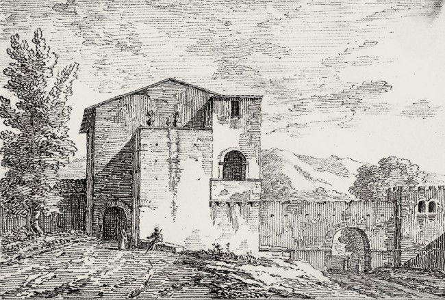 Thibaut, Jean Thomas: Das Haus an der Stadtmauer: Das Haus an der Stadtmauer. Feder in Schwarz. 9,8 x 14,4 cm. Auf einem beigegebenen Teil der alten Unterlage alt mit Feder in Braun bezeichnet.