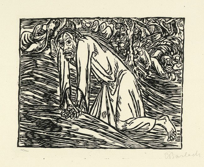 Barlach, Ernst: Christus in Gethsemane: Christus in Gethsemane. Holzschnitt auf JWZanders-Bütten. 20,7 x 25,4 cm (Darstellung); 36,8 x 44,3 cm (Blattgröße). Signiert. Auflage 100 num. Ex. (1919). Laur 58, Schult 155. Prachtvo