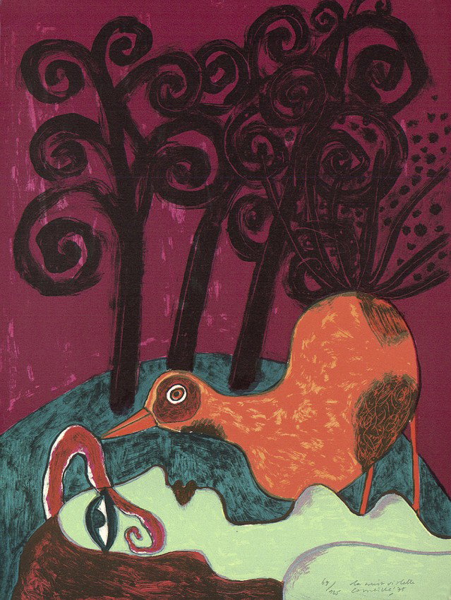 Corneille: La nuit violette: "La nuit violette". Farblithographie auf festem Velin. 66,9 x 50,5 cm (Darstellungs- und Blattgröße). Signiert, datiert und betitelt. Auflage 125 num. Ex. (19)75. Prachtvoller, far