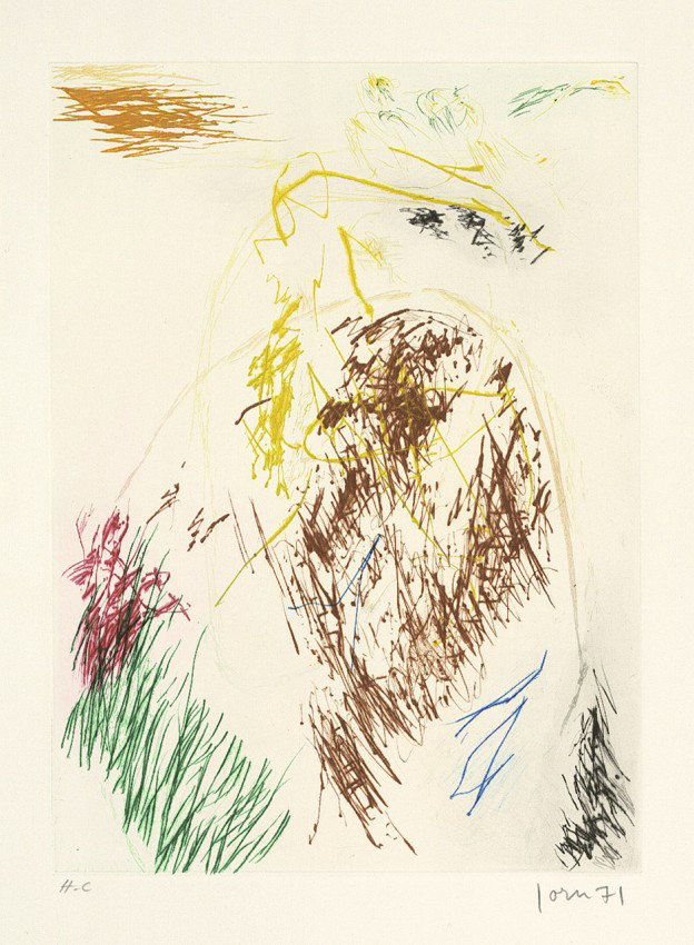 Jorn, Asger: Pensées en l'air: Pensées en l'air. Farbradierung auf Arches-Velin. 36,6 x 27 cm (Plattenrand); 66 x 50,3 cm (Blattgröße). Signiert, datiert und als Exemplar "H.(ors) C.(ommerce)" bezeichne