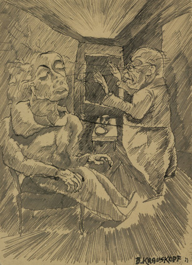 Krauskopf, Bruno: Hypnose: Hypnose. Feder in Schwarz auf braunem festem Karton. 16,6 x 12 cm. Unten rechts mit Feder in Schwarz signiert und datiert. (19)11. Karikaturhafte, skurrile frühe Zeichnung von Bruno Krauskopf. Et