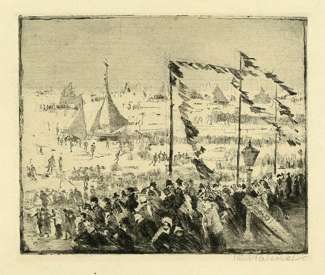 Paeschke, Paul: Schlittschuhvergnügen: Schlittschuhvergnügen. Kaltnadel mit Roulette auf Japan. 25,7 x 30,8 cm (Plattenrand); 30,8 x 46,3 cm (Blattgröße). Signiert. Prachtvoller, nuancenreicher Druck mit breitem Rand. Gering