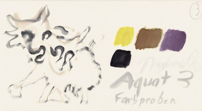 Penck, A. R.: Farbproben: "Farbproben". 4 Aquarelle auf festem Velin. Jeweils 34 x 64 cm. Ein Blatt schwach leserlich mit Pinsel in Hellgrau signiert und datiert rechts mittig, sowie sämtlich bezeichnet "Fa