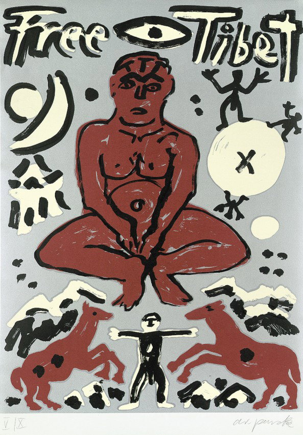 Penck, A.R.: Free Tibet: Free Tibet. Farbsiebdruck auf kräftigem, leicht genarbtem Hahnemühle-Velin. 109,6 x 79,6 cm (Darstellung); 121,4 x 80,8 cm (Blattgröße). Signiert. Auflage 10 röm. num. Ex. Pra