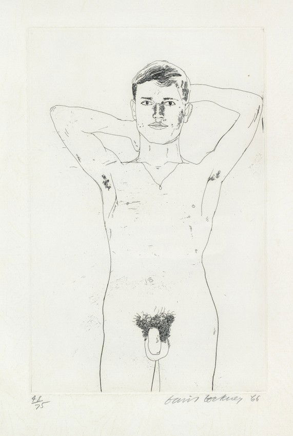 Hockney, David: In an Old Book: In an old book. Radierung auf festem Velin. 35 x 22,5 cm (Plattenrand); 56,3 x 39,2 cm (Blattgröße). Signiert und datiert. Auflage 75 num. Ex. (19)66. Vgl. Katalog der Whitechapel Art Galler