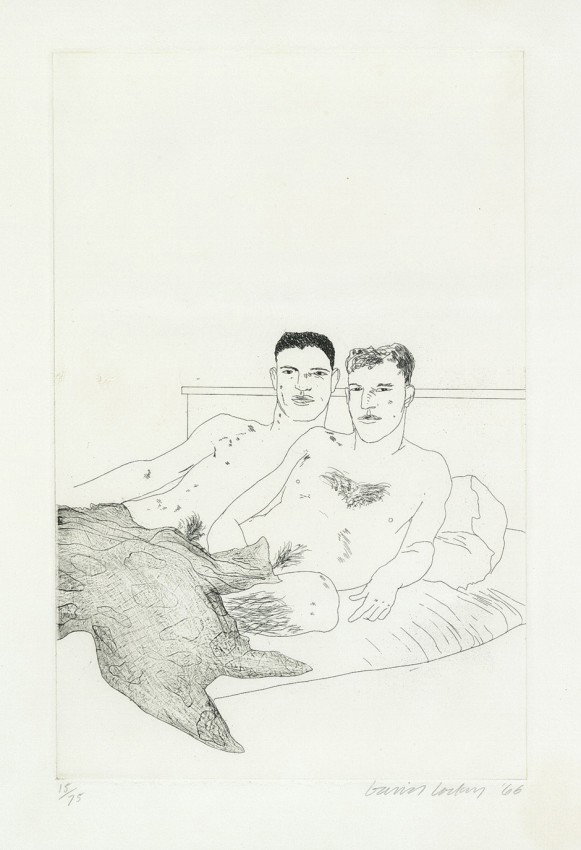 Hockney, David: The beginning: The Beginning. Radierung auf festem Velin. 34,8 x 22,4 cm (Plattenrand); 57 x 40 cm (Blattgröße). Signiert und datiert. Auflage 75 num. Ex. (19)66. Vgl. Katalog der Whitechapel Art Gallery L