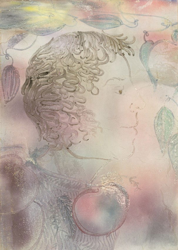 Muche, Georg: Die schöne Jahreszeit: Die schöne Jahreszeit. Abgezogenes Freskenstück auf Pergament, aufgezogen auf Velin. 53 x 37,9 cm (Blattgröße). (1942). Auf einem Grund aus zarten Pastelltönen artikuliert sic