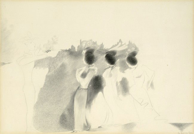 Muche, Georg: Das Urteil des Paris: "Das Urteil des Paris". Bleistift auf glattem Karton. 34,6 x 49 cm. Unten innerhalb der Darstellung mittig signiert und datiert sowie rechts betitelt. (19)49. In dieser Zeichnung verarbeitet