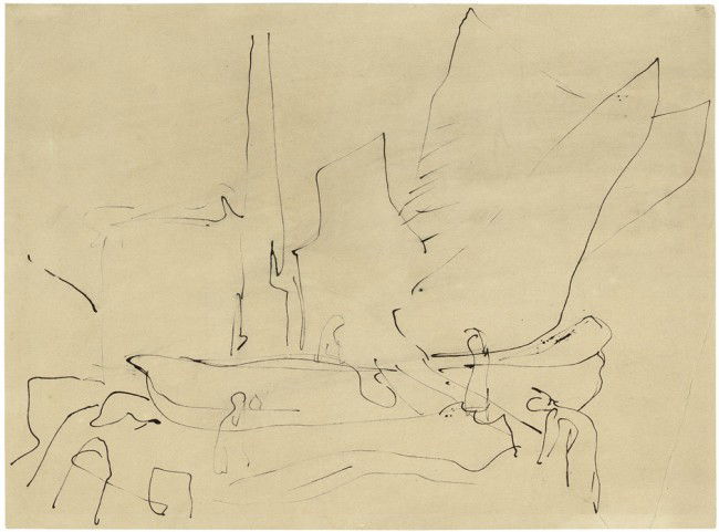 Nay, Ernst Wilhelm: Lofotenfischer an ihrem Boot: Lofotenfischer an ihrem Boot. Feder in Schwarz auf festem bräunlichem Velin. 34,7 x 47 cm. Verso von Elisabeth Nay-Scheibler handschriftlich bestätigt und signiert. Um 1935. Seit 1934 verbra