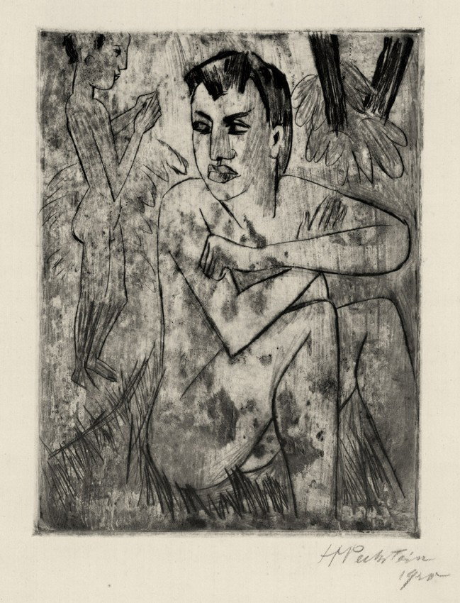 Pechstein, Hermann Max: Vergrämt: Vergrämt. Kaltnadel mit Aquatinta auf chamoisfarbenem, leicht strukturiertem Velin. 26,6 x 20,2 cm (Plattenrand); 47,8 x 34,8 cm (Blattgröße). Signiert und datiert. Auflage 125 Ex. 1920