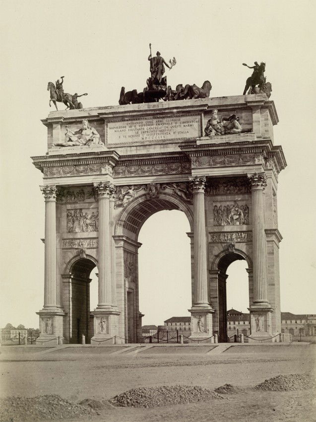 Pozzi, Pompeo: Views of Arco della Pace and Lago: View of Arco della Pace, Milan; Views of Villa Serbelloni and its garden, Lago di Como. 1870s. 3 albumen prints. Each circa 26 x 17,2 cm. Each with photographer's blind stamp in lower left corner,