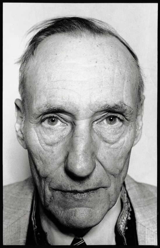 Resnick, Marcia: Portrait of William S. Burroughs: Portrait of William S. Burroughs, New York, 1981. Vintage gelatin silver print on RC paper. 25,3 x 20,2 cm. Image masked with black tape and stamped Marcia Resnick (address crossed out, new address wr