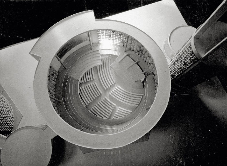 Eiermann, Egon: Architectural model, design Egon: Photographer: Carl Albiker (1905 - 1996). Architectural model of an early design (1957) by Egon Eiermann for the Kaiser-Wilhelm-Gedächtnis-Kirche in Berlin. 1957. 3 vintage ferrotyped gelatin sil