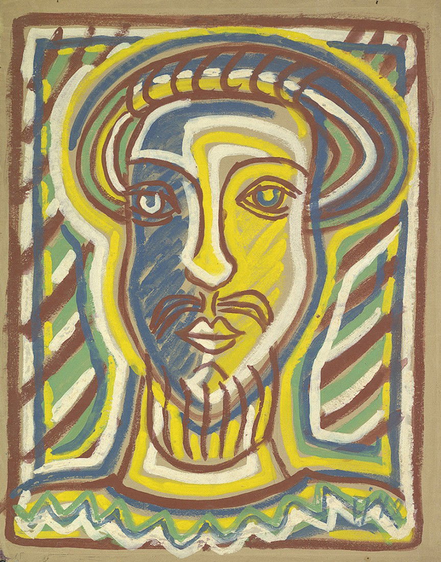 Theunert, Christian: Christuskopf mit Bart: Christuskopf mit Bart. Tempera auf braunem Ingres-Bütten. 62 x 48,5 cm. Unten rechts mit Pinsel in Blau monogrammiert und datiert sowie verso mit dem Nachlaßstempel. (19)42. Lineare Arbeit m