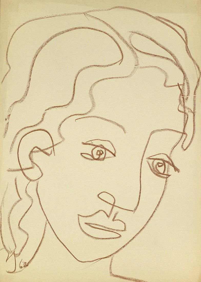Theunert, Christian: Mädchenkopf: Mädchenkopf. Kreide in Braun auf gelblichem Velin. 62,2 x 44,2 cm. Unten links monogrammiert und datiert sowie verso mit dem Nachlaßstempel. (19)62. An Picasso oder Matisse erinnernder, anmu