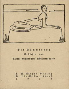 Lichtenstein, Alfred: Die Dämmerung: Lichtenstein, Alfred. Die Dämmerung. Gedichte. 8 Bl. Mit einer Umschlagzeichnung von Richard Scheibe. 18,5 x 14,5 cm. OBroschur mit Kordelheftung. Berlin, Alfred Richard Meyer, 1913. (Lyrische Fl