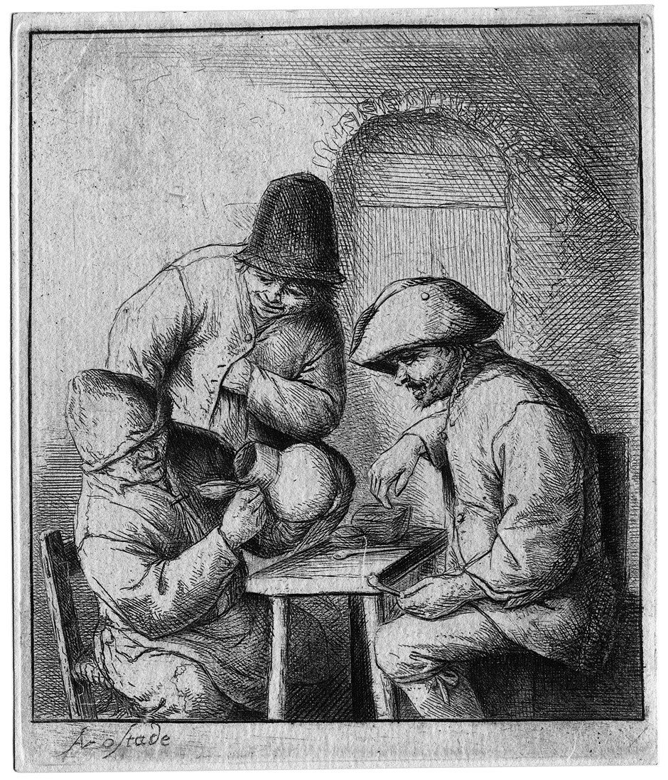 Ostade, Adriaen van: Der leere Krug: Der leere Krug. Radierung. 10,4 x 8,8 cm. B. 15, Dutuit, Davidson, Godefroy, Hollstein 15 VI - VII (von VIII). Mit den feinen Linien in den Schatten, aber vor der Verstärkung des dritten Tischbei