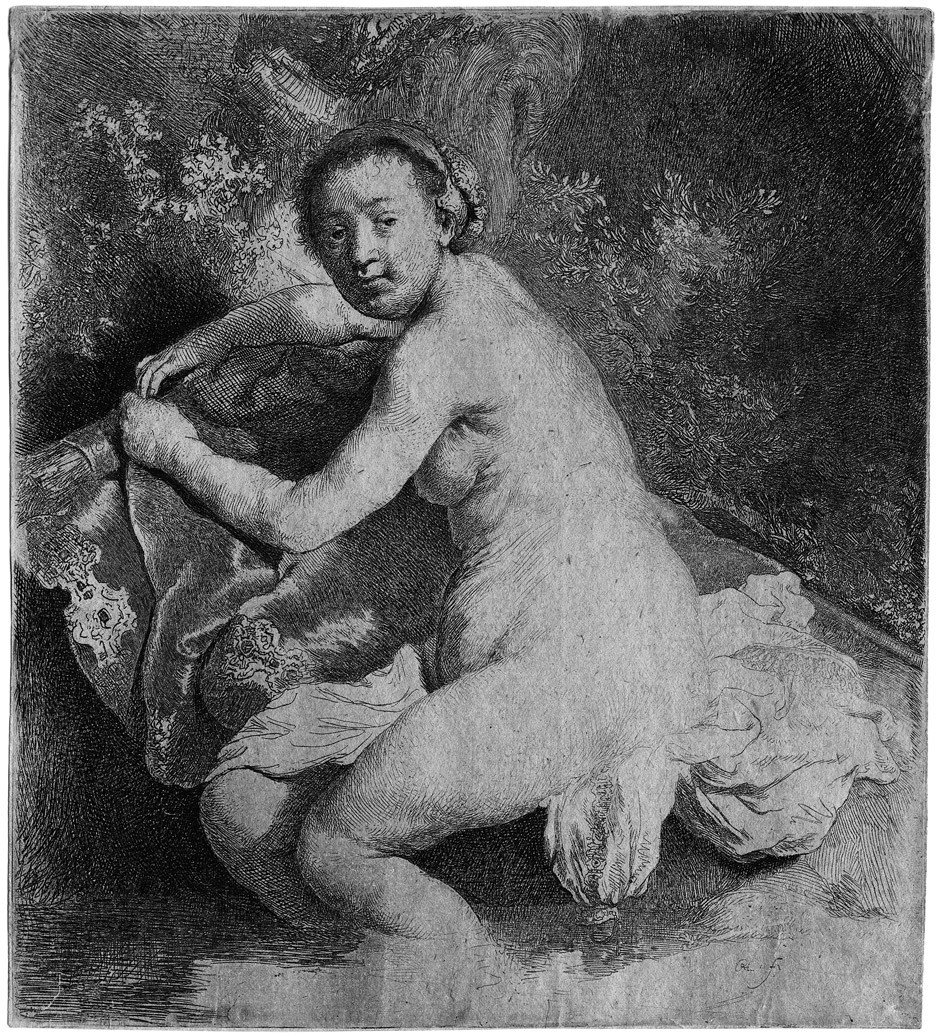 Rembrandt: Diana im Bade: Diana im Bade. Radierung. 17,7 x 15,8 cm. Um 1631. B. 201, White/Boon (Hollstein) 201, Nowell-Usticke 201. Nowell-Usticke: R+ - "A rather scarce print". Ausgezeichneter, nuancierter Druck, a