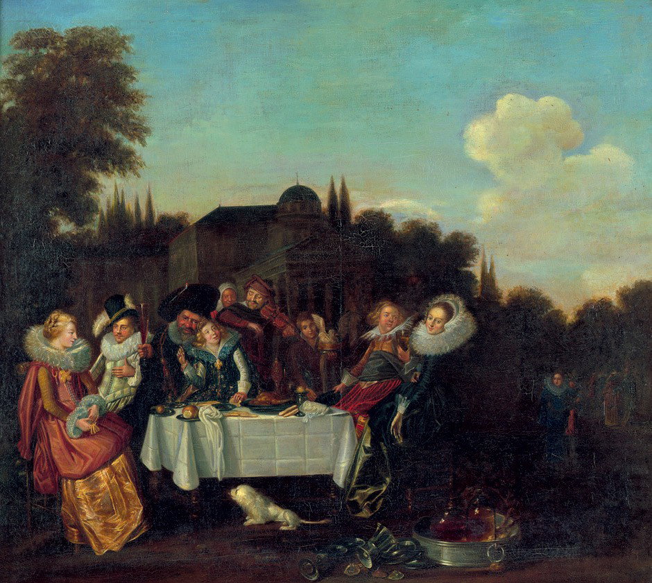 Hals, Dirck - Nachfolge: Festin Champetre: Nachfolge. Fröhliches Bankett im Freien (Festin Champêtre). Öl auf Leinwand. 70 x 78 cm. Die Komposition geht auf das Gemälde von Dirck Hals im Louvre, Paris zurück.