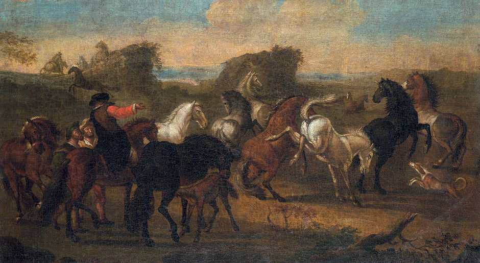 Laer, Pieter van - Nachfolge: Wilde Pferde in ein: Nachfolge. Wildpferde in einer weiten Landschaft. Öl auf Leinwand. 52 x 92,5 cm. Verso in Rot mit alter Galerie-Inventarnummer "25". Aus dem Nachlass Albrecht Sizzo Graf zu Solms-Wilden
