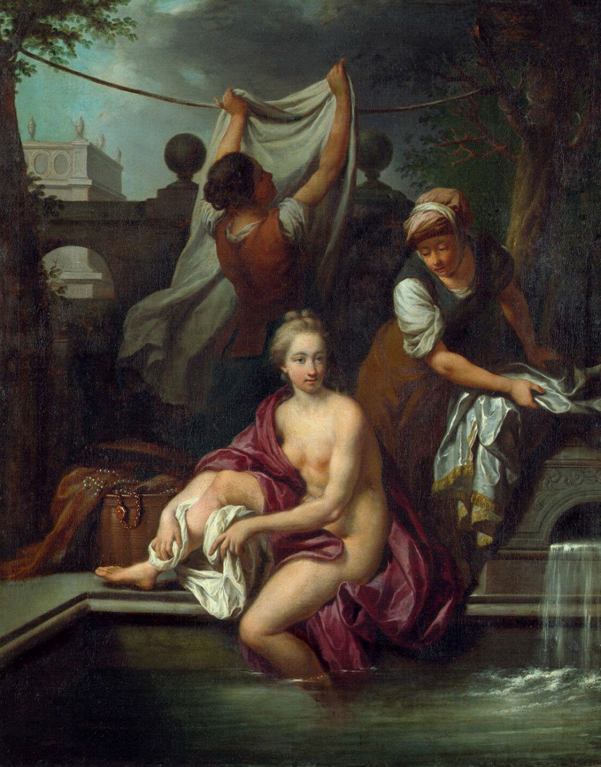 Deutsch, um 1720: Bathseba im Bade: um 1730. Bathseba im Bade. Öl auf Leinwand. 88 x 70,5 cm. Unten rechts auf dem Steinsims des Brunnens mit den Resten einer Signatur (?). Das Gemälde war vormals mit Adriaen van der Werff (16
