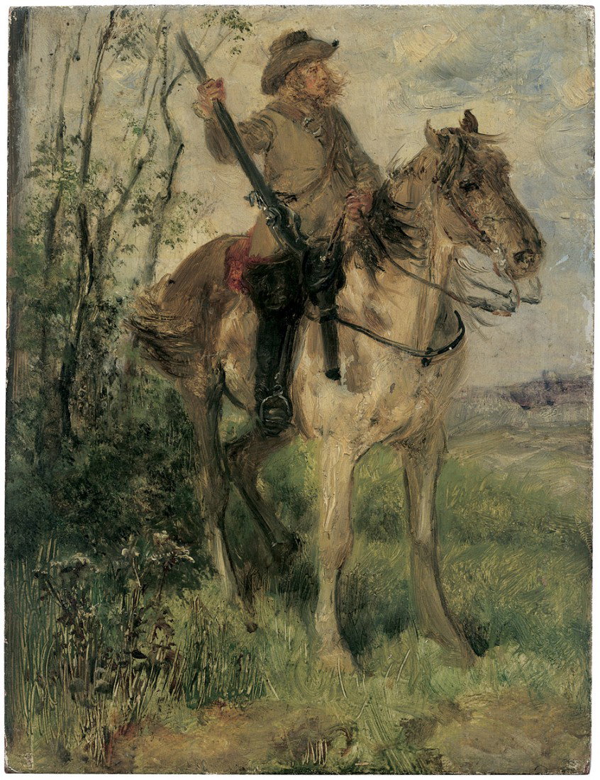Diez, Wilhelm von: Jäger zu Pferde: Jäger zu Pferde. Öl auf Holz. 18 x 13,8 cm. Aufmerksam blickt der Jäger mit hochgestelltem Gewehr in die herbstliche Landschaft, die mit lockerem, bewegtem Pinselstrich in naturalistisc