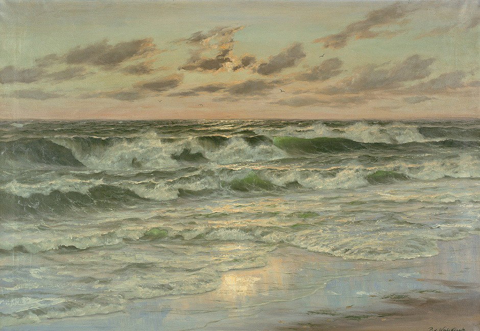 Kalckreuth, Patrick von: Tosende See im Gegenslic: Tosende See im Gegenlicht. Öl auf Leinwand. 70 x 100 cm. Rechts unten signiert "P. von Kalckreuth". Verso auf dem Keilrahmen das Klebeetikett der Kunsthandlung H. Sagert & Co., Berlin.