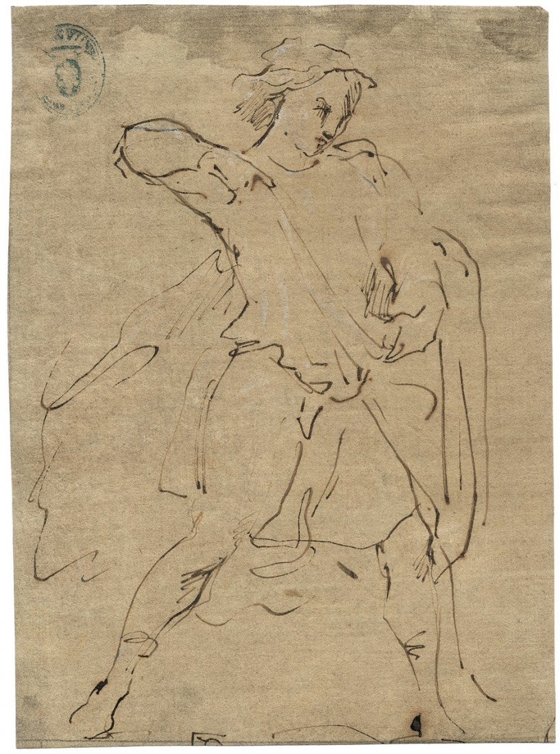 Bison, Giuseppe Bernardino: Studie eines Mannes m: Studie eines jungen Mannes mit weitem Umhang. Feder in Braun mit Weißhöhung auf hellbraun grundiertem Papier. 20,7 x 15 cm. Wz. Anker im Doppelkreis. Aus zwei unbekannten Sammlungen (nicht b