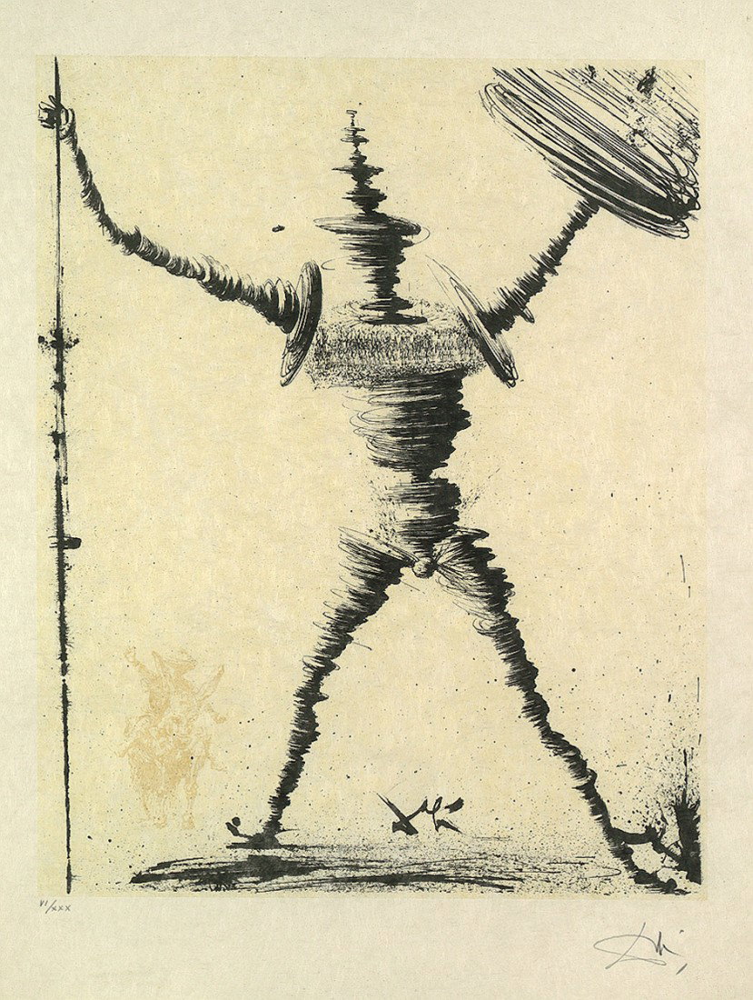 Dalí, Salvador ZUGESCHRIEBEN: Don Quichotte: zugeschrieben. Don Quichotte de la Manche. Farblithographie auf Japon nacré. 58 x 46 cm (Darstellung); ca. 74 x 54,5 cm (Blattgröße). Signiert. Auflage 30 röm. num. Ex. (1956/57). 