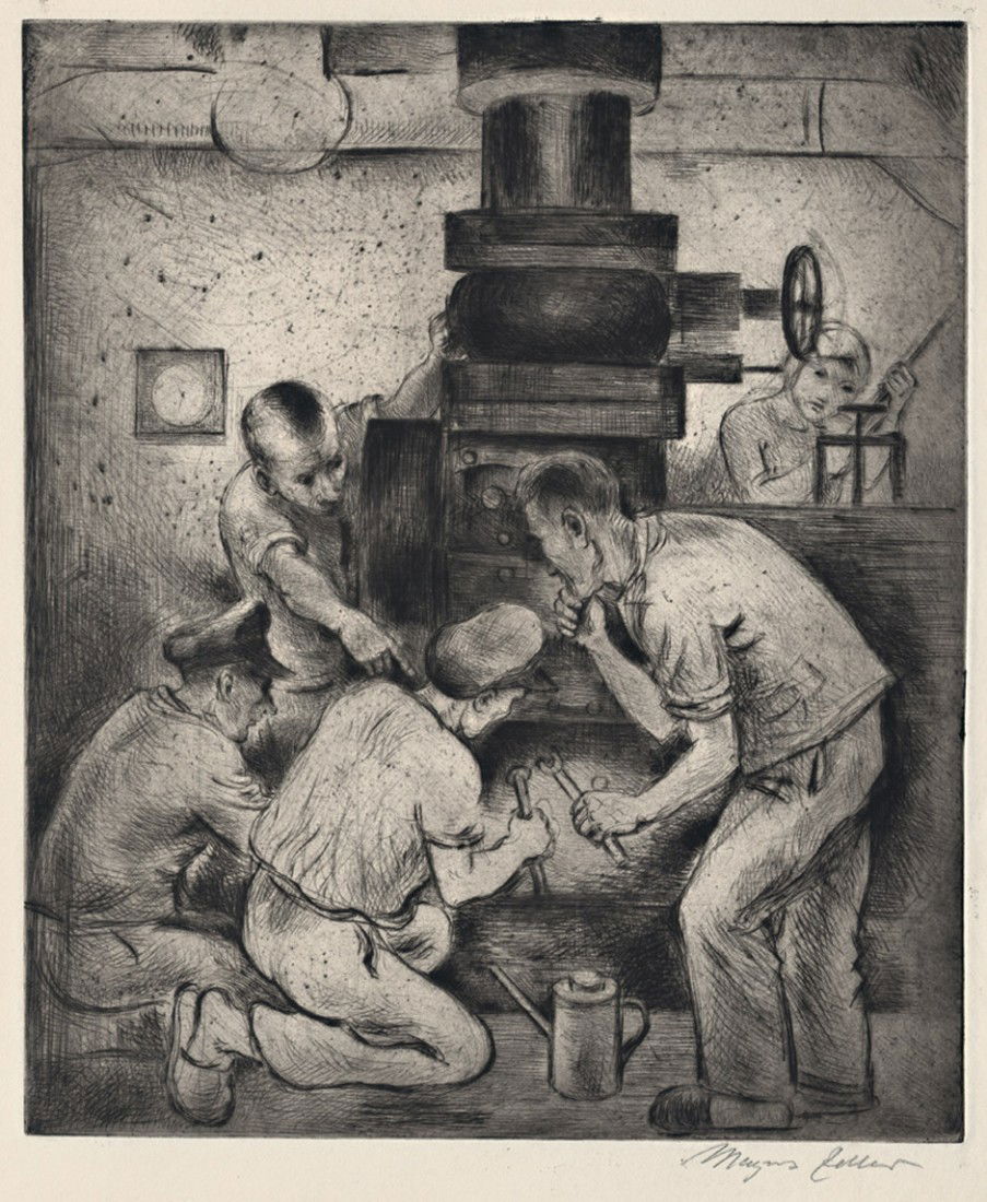 Zeller, Magnus: Arbeiter bei der Reparatur einer: Arbeiter bei der Reparatur einer Maschine. Radierung auf Velin. 29 x 24,5 cm. Signiert. Um 1930. Prachtvoller Druck mit Rand. Im rechten Rand etwas wellig, vereinzelte Knickspuren, sonst ausgezeichnet
