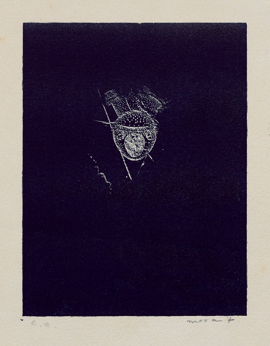 Ernst, Max: Zu: Lewis Carroll: Zu: Lewis Carroll. Die Jagd nach dem Schnark - Agonie in acht Krämpfen. Farblithographie in Violett auf Arches-Velin. 17 x 13 cm (Darstellung); 32,8 x 25 cm (Blattgröße). Signiert und m