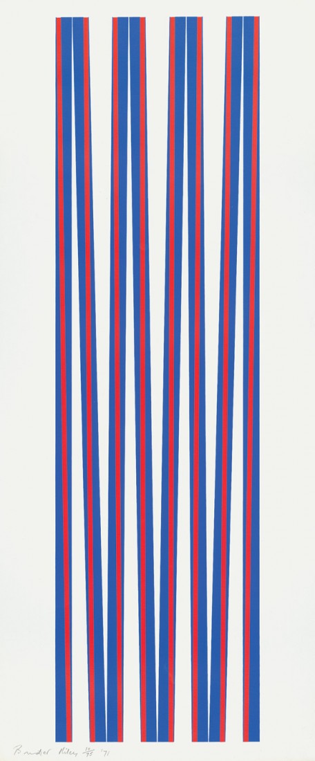 Riley, Bridget: Elongated Triangles I: Elongated Triangles I. Farbsiebdruck auf kräftigem, leicht genarbtem Velin. 96,5 x 27,3 cm (Darstellung); 101,5 x 42,4 cm (Blattgröße). Signiert und datiert. Auflage 75 num. Ex. (19)71.
