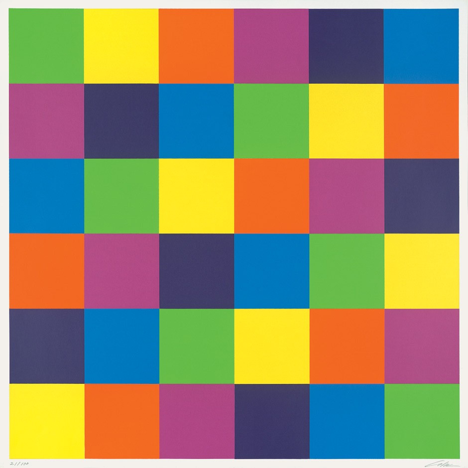 Lohse, Richard-Paul: Farbfelder: Farbfelder. Farbsiebdruck auf leichtem, glattem Velin. 57,4 x 57,4 cm (Darstellung); 59,8 x 59,8 cm (Blattgröße). Signiert. Auflage 100 num. Ex. Prachtvoller, farbsatter Druck mit kleinem Ra