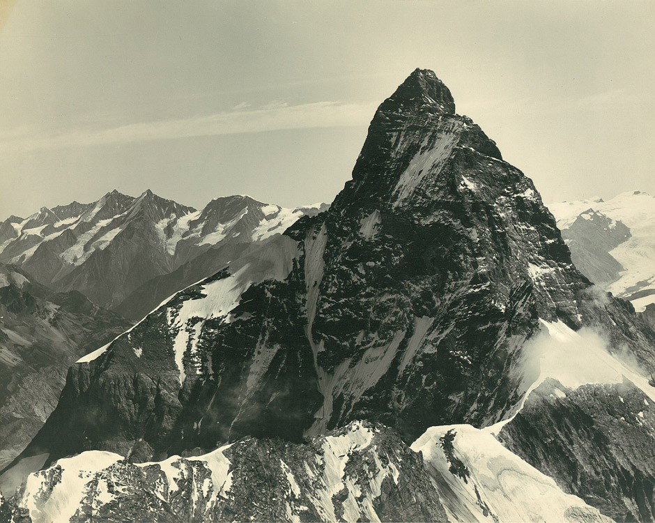 Sella, Vittorio: The Matterhorn and Mischabelhörn: The Matterhorn and Mischabelhörner in the Pennine Alps. 1886/printed circa 1900. Gelatin silver print. 38 x 47,7 cm (40 x 49,5 cm). Istituto di Fotografia Alpina V. Sella stamp on the verso, ther