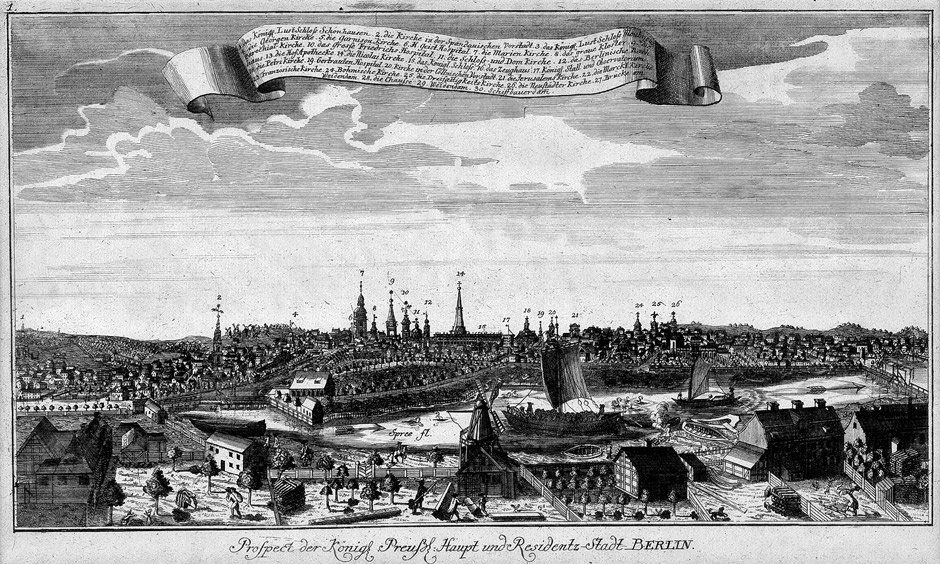 Berlin (Schleuen): Prospect der Stadt Berlin/Arsena: Berlin (Schleuen) - Prospect der Königl. Preuß. Haupt und Residentz-Stadt Berlin. Kupferstich. 21 x 33,5 cm. (Johann David Schleuen, 1748). Gernot Ernst, Schleuen, Nr. 11. Herrrlicher Druck