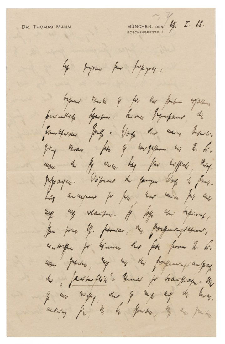 Mann, Thomas: Brief 1922: Mann, Thomas - Eigh. Brief m. U. "Thomas Mann" und Umschlag. 2 1/4 S. Gr. 8vo. München 27.I.1922. An den Justizrat Burghold, Vorstand der "Freunde des Frankfurter Goethe-Museums&qu