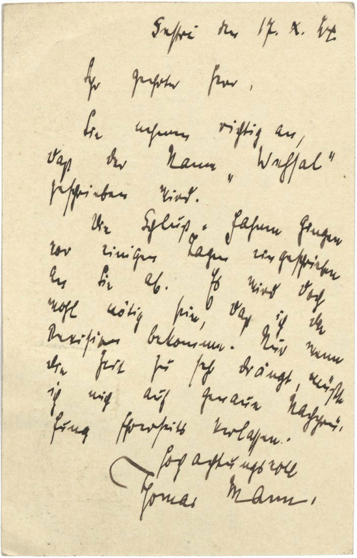 Mann, Thomas: 2 eigenhänd. Postkarten 1924: Mann, Thomas - 2 eigh. Postkarten m. U. "Thomas Mann". Zus. 2 S. Sestri (Italien) 17.und 24.X.1924. An den Herstellungsleiter des S. Fischer Verlages in Berlin, wegen der Drucklegung seines