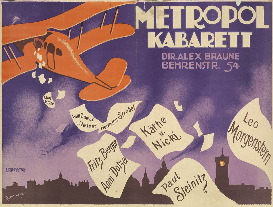 Riemer, Walter : Metropol Kabarett. 1919: Riemer, Walter Metropol Kabarett. Dir. Alex Braune Behrenstr. 54. Farblithographie. 69 x 91,5 cm. Berlin, Dinse & Eckert, um 1919. Vor violettem Himmel über der Silhouette von Berlin mit Rotem Ra