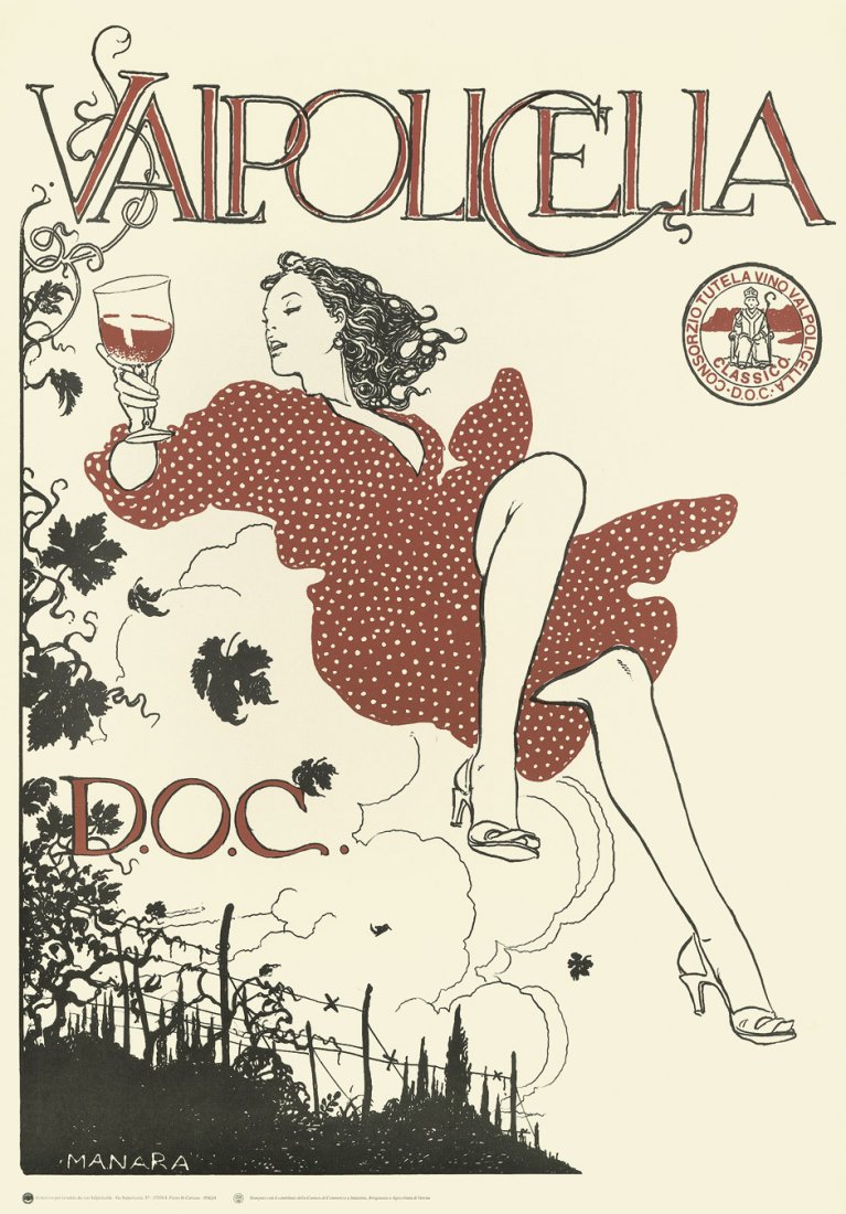 Manara, Milo: Valpolicella Classico. Um 1986: Manara, Milo (geb. 1945) Valpolicella. Classico. Consorzio Tutela Vino Valpolicella D.O.C. Farboffset. 100 x 70 cm. Pietro in Cariano, Consozio Tutela Vino Valpolicella, o. J. (um 1986). Seltenes Orig