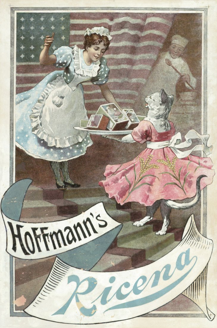 Anonym, Deutschland: Hoffmann’s Ricena: Anonym, Deutschland Hoffmann's Ricena. Farboffset. Kleinplakat. 39,4 x 26,5 cm. Um 1895. Vor einer großen, wehenden amerikanischen Flagge steht ein Hausmädchen in weißer Schürz